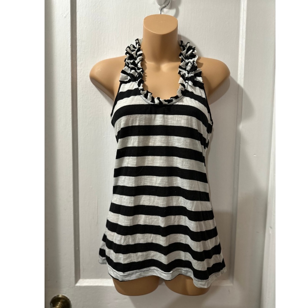 Self‎ Esteem Black and White Striped Tank with Ruffle Collar in M